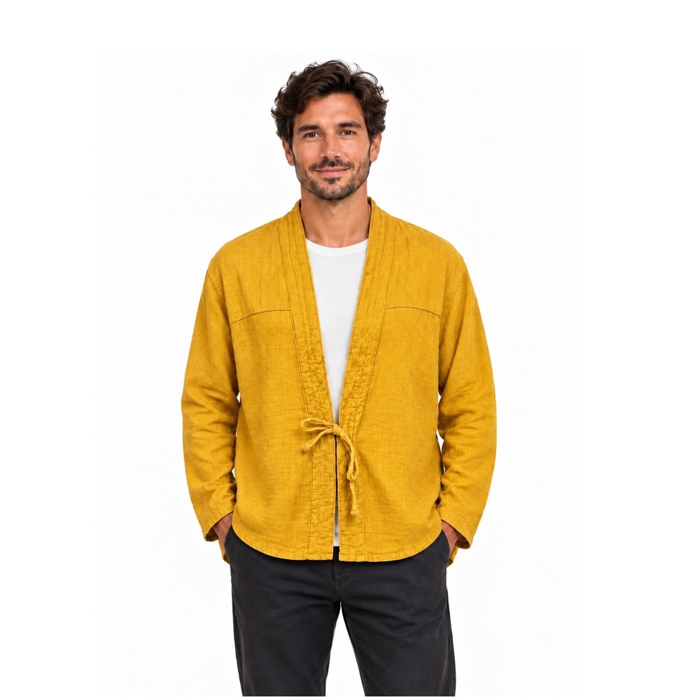 Naked & Famous Denim Men's Kimono Shirt Mustard Cotton Gauze L